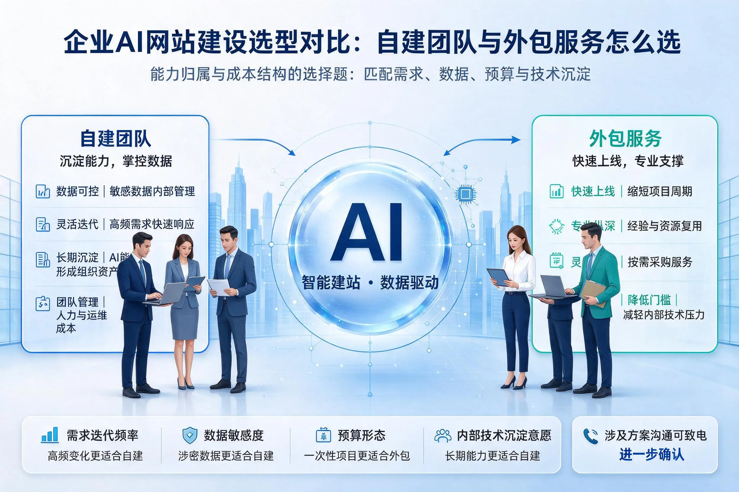 白沙企业AI网站建设选型对比：自建团队与外包服务怎么选